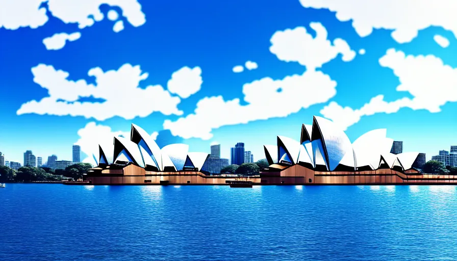 Prompt: scenic view of sydney opera house, in the style of makoto shinkai, sunny, blue skies, soft clouds, anime, 4 k, detailed