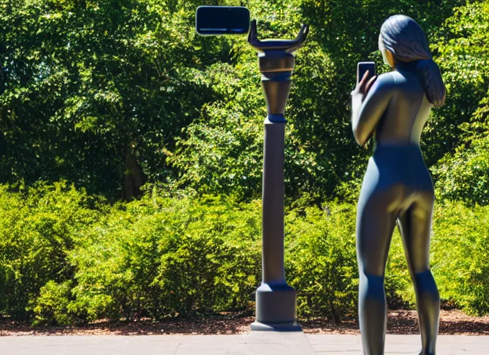 Image similar to photo still of a bronze statue of a woman using an iphone to take a selfie in a park on a bright sunny day, 8 k 8 5 mm f 1 6