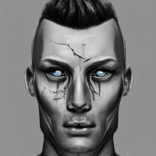 Image similar to a detailed full body portrait of a face tattoed man, digital concept art illustration, incredibly detailed and realistic, 8 k, sharp focus