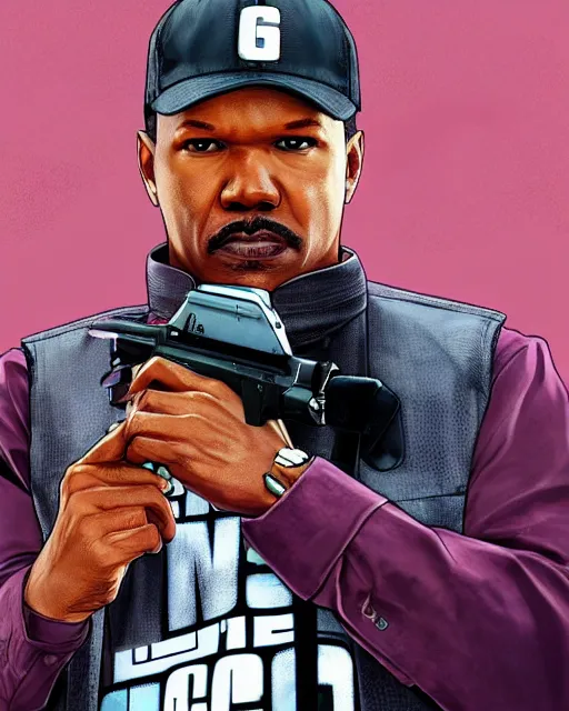 Prompt: Michael J. Foxx in the style of as a grand theft auto 5 character, cover game art