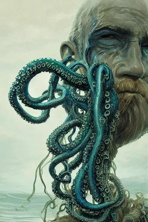 Image similar to portrait of an old fisherman with tentacles growing on him, blue and green, eldritch, d & d, face, fantasy, intricate, elegant, highly detailed, digital painting, artstation, concept art, smooth, sharp focus, illustration, art by greg rutkowski