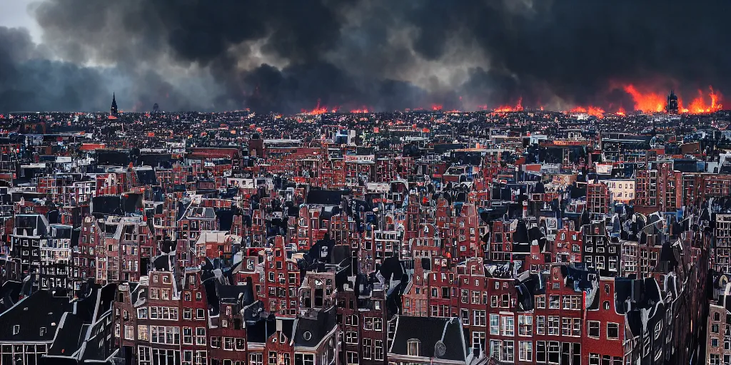 Image similar to the rooftops of amsterdam during a catastrophic fire. moody dark skies lit up by fire. photography