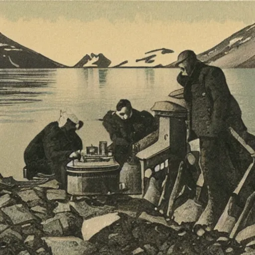 Prompt: UK postcard illustration of scientists in Antarctica