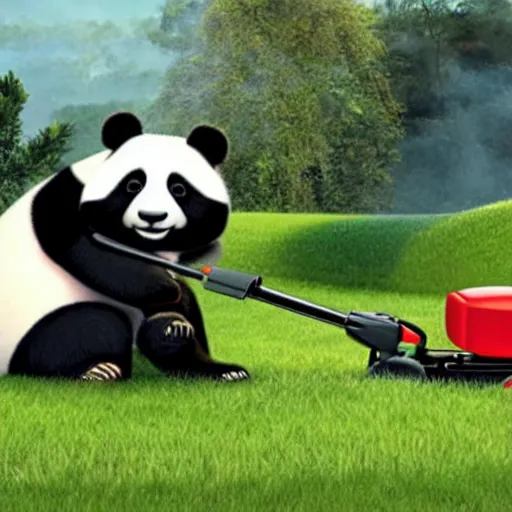 Image similar to a panda is mowing the lawn with a mowing machine, pixar