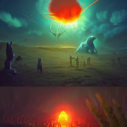 Prompt: the extinction of dinosaurs by a nuclear explosion, high fantasy, magical, mythical, digital art, trending on artstation, by alena aenami, by petros afshar, by anton fadeev, by anato finnstark