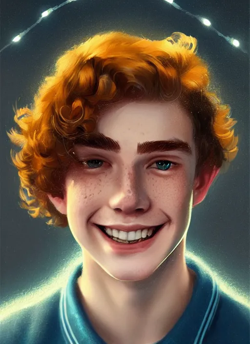 Image similar to portrait of teenage archie andrews, freckles, curly middle part haircut, curly hair, smiling kindly, intricate, elegant, glowing lights, highly detailed, digital painting, artstation, concept art, smooth, sharp focus, illustration, art by wlop, mars ravelo and greg rutkowski