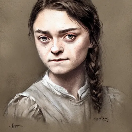 Image similar to portrait of shopie turner as arya stark, by jean - baptiste monge