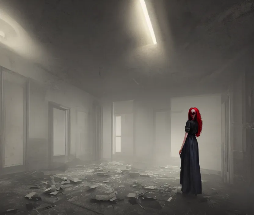 Prompt: gothic girl standing on an abandoned hospital room with red ceiling lighting and several blue lights on the walls, gloomy and foggy atmosphere, octane render, artstation trending, horror scene, highly detailded