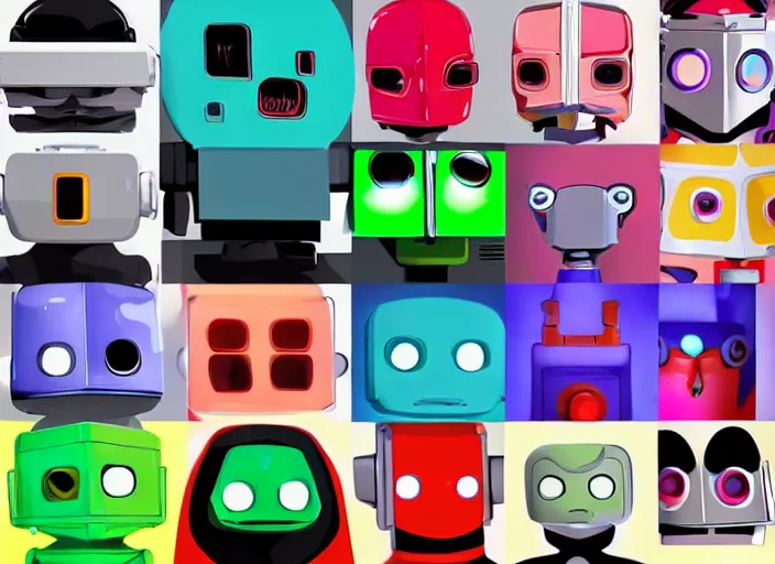 Prompt: 3 rows of 3 framed closeup colorful 3 d - rendered cg face portraits of cute evil robots in the style of osamu tezuka, with a futuristic mechanical background.