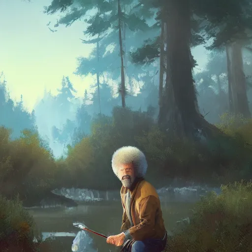 Prompt: Bob Ross throwing away paintings, illustrated by Greg Rutkowski, trending on artstation, 4k, 8k