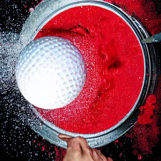 Image similar to dropping a ball into an open tin of red paint splashing advertising photo