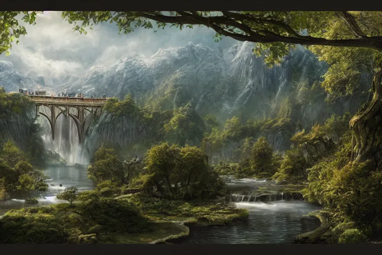 Image similar to rivendell from lord of the rings matte painting by yanick dusseault and dylan cole, artstation, 4 k, insanely detailed,