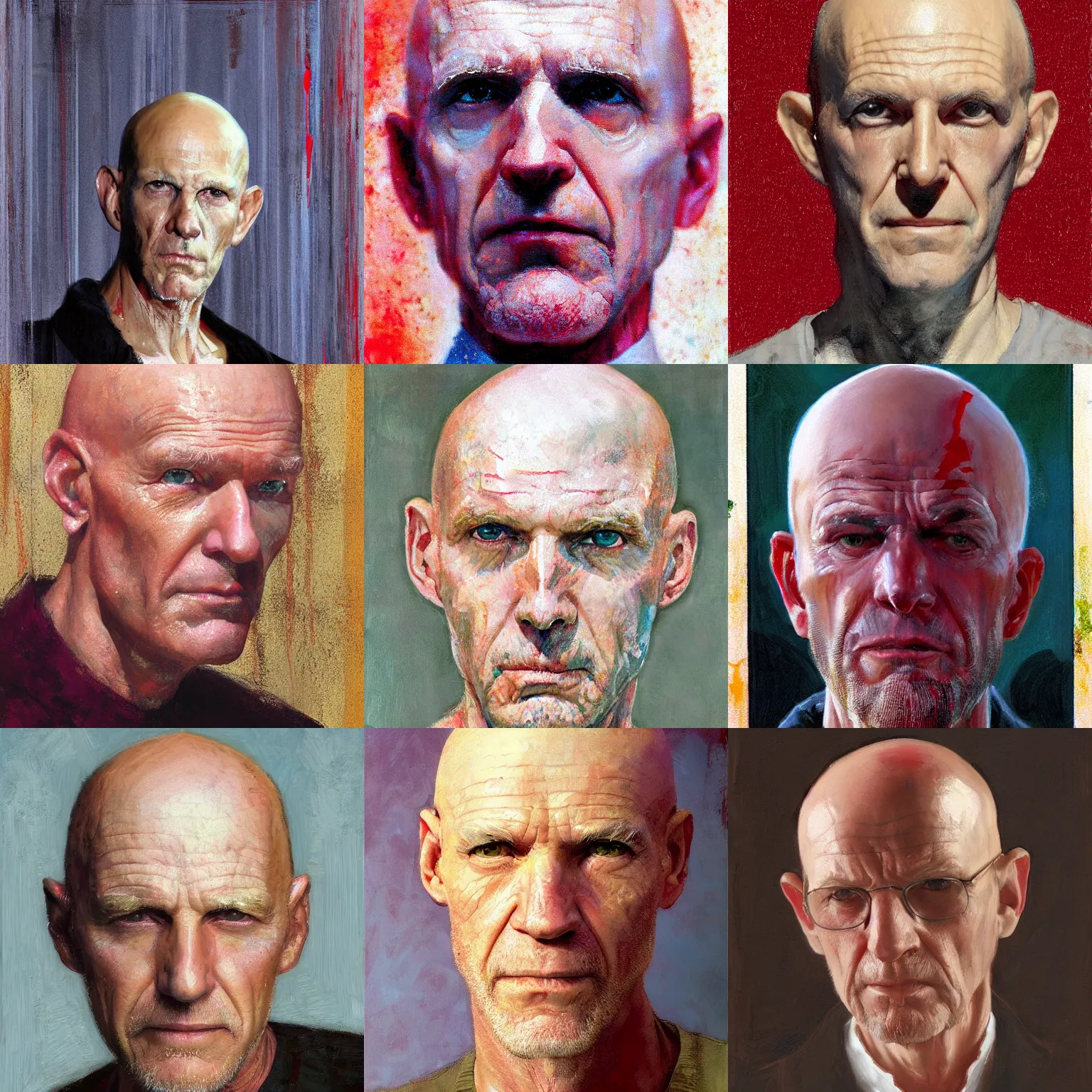 Image similar to full head portrait of a slender old white man, bald, stern, stubble. red stripe on head. 50mm, painting by ((Craig Mullins)), by !!Moebius!!, photo by Annie Leibovitz