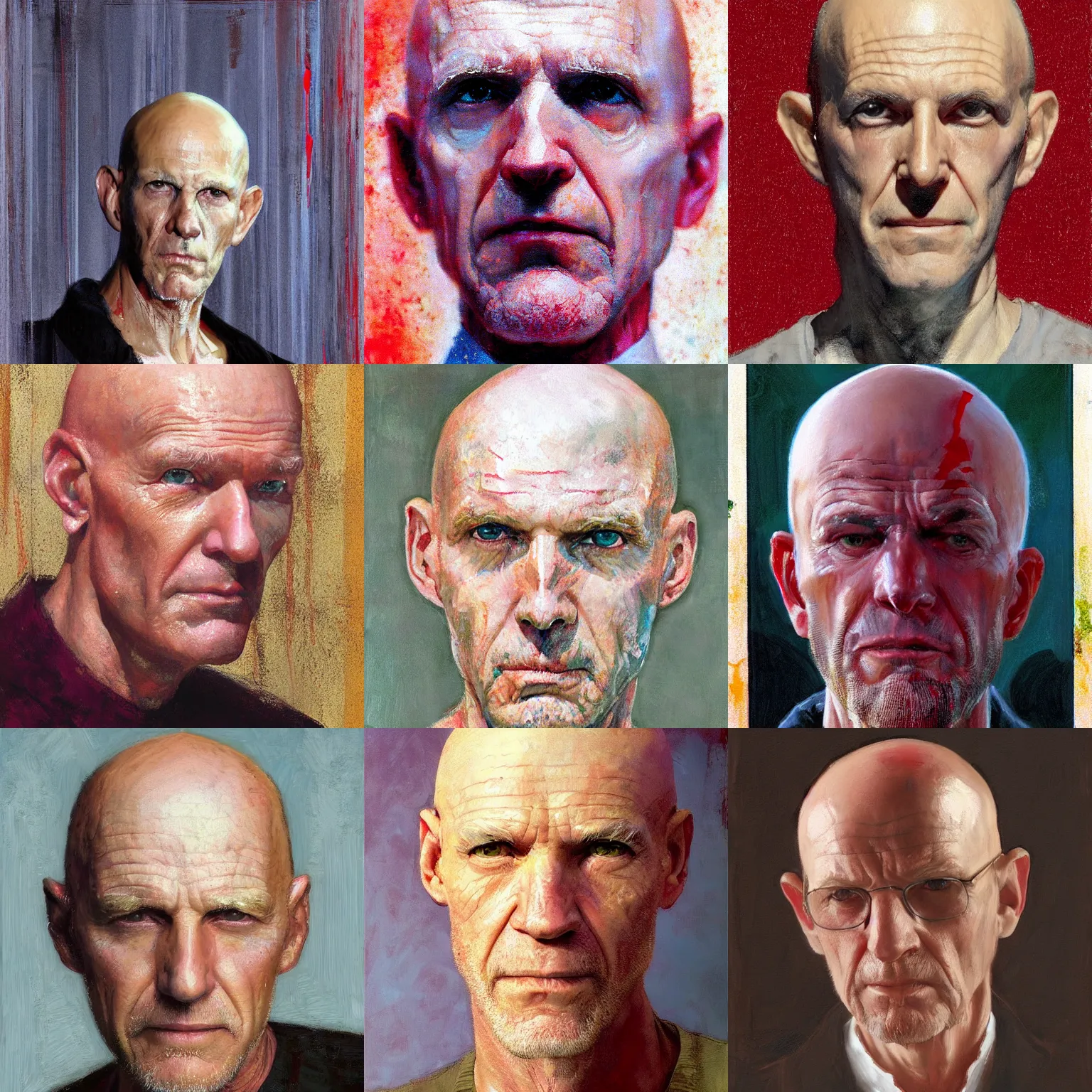 Prompt: full head portrait of a slender old white man, bald, stern, stubble. red stripe on head. 50mm, painting by ((Craig Mullins)), by !!Moebius!!, photo by Annie Leibovitz