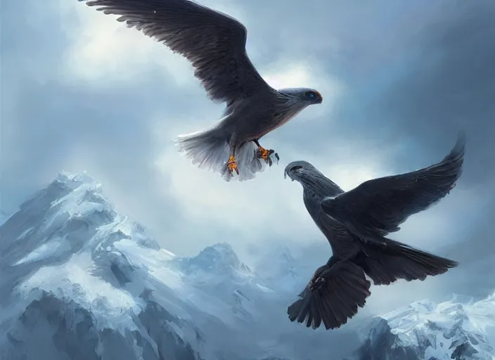 Prompt: A great majestic bird soars above a snowy mountain, by Mandy Jurgens, Artgerm, intricate, elegant, digital painting