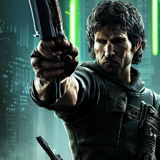 Image similar to todd howard with a pistol, forcing you to buy skyrim, threatening, sharp, cinematic, colorful, digital art, neon, bright, cyberpunk, blade runner 2 0 4 9, realism, bold