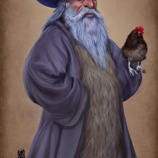 Image similar to character concept art of a kind old wizard with a long white beard looking a confused, holding a pet chicken perched top of his hat, wearing a blue robe, blue eyes, realistic, detailed, trending on ArtStation, by John Howe