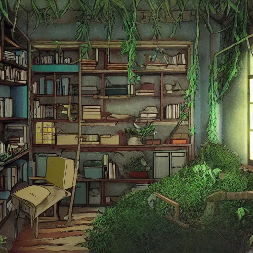 Prompt: overgrown home office by Studio Ghibli