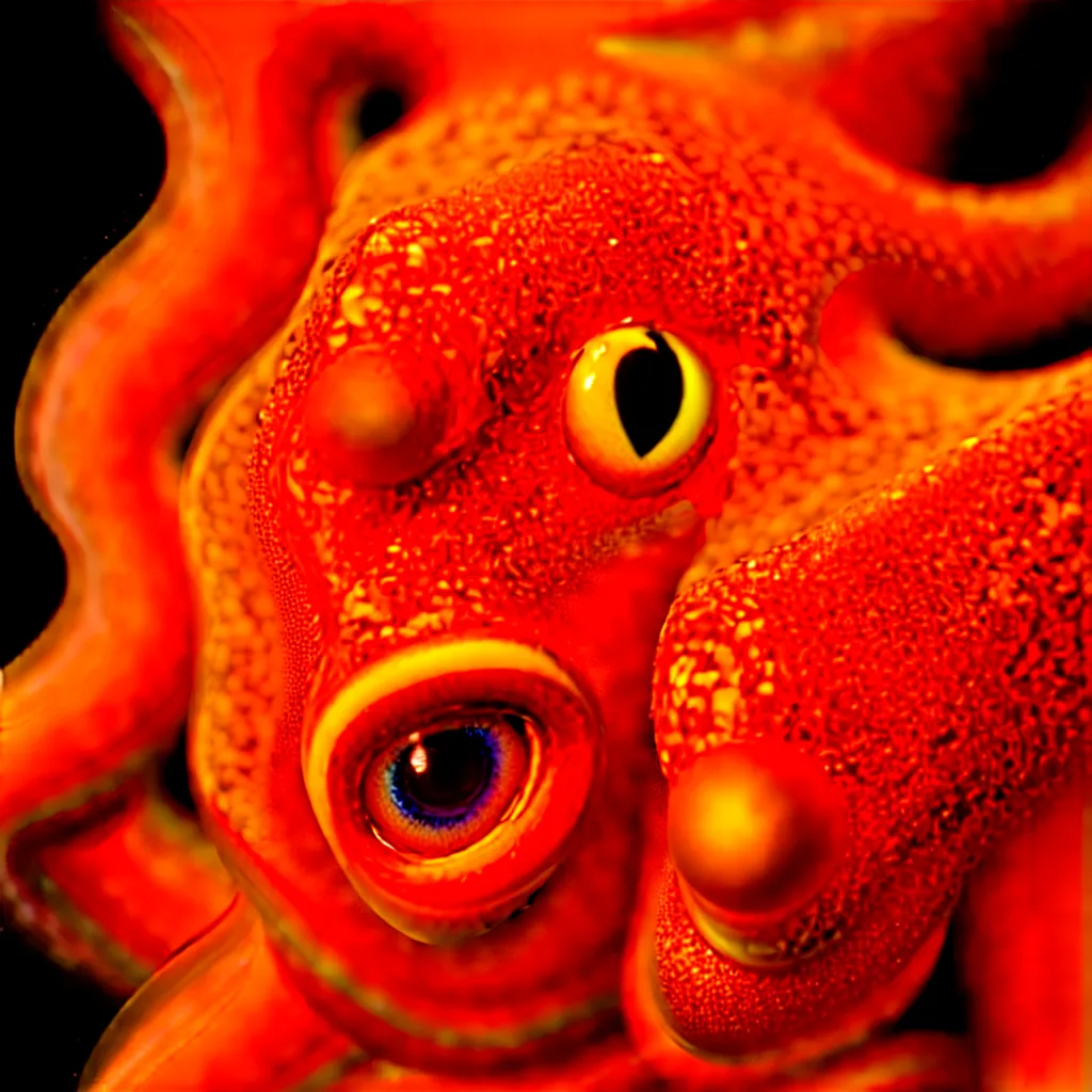 Image similar to fiery whimsical emotional eyes cephalopod, in a photorealistic macro photograph with shallow dof