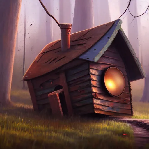 Prompt: a walking wood and metal house with two legs and one big eye, rust, hyperrealistic, highly detailed, cinematic, single ray of sun, morning, pareidolia, gravity falls style, beautiful, cgssociety, artstation, 8 k, oil painting, digital art