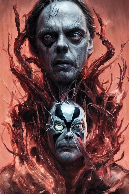 Image similar to Portrait of Steve Buscemi as symbiote Carnage, marvel comics, dark, intricate, highly detailed, smooth, artstation, digital illustration by Ruan Jia and Mandy Jurgens and Artgerm and Wayne Barlowe and Greg Rutkowski and Zdislav Beksinski