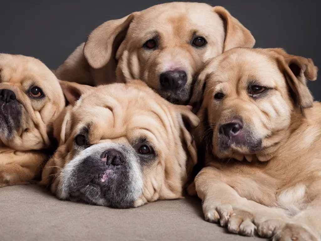 Prompt: fat dogs lying down and smiling at the camera, high definition detail, 8 k, photography