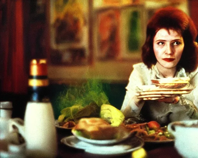 Image similar to 1 9 7 9 a soviet movie still a russian woman sitting at a table with a plate of food in dark warm light, a character portrait by nadya rusheva, featured on cg society, neo - fauvism, movie still, 8 k, fauvism, cinestill, bokeh, zenit 3 5 mm slr