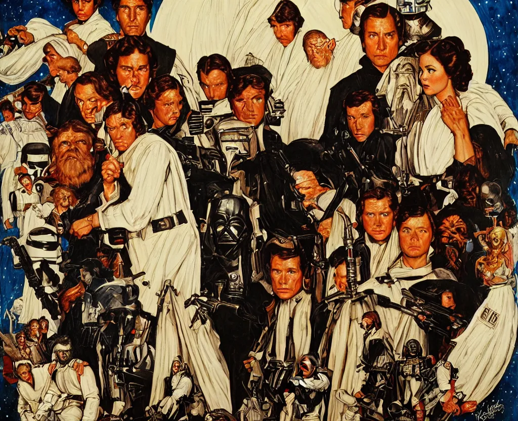 Image similar to star wars movie poster in the style of norman rockwell, detailed painting, 8 k