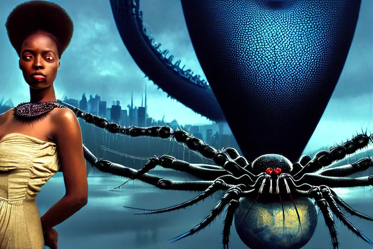 Image similar to realistic detailed photorealistic film portrait shot of a beautiful black woman with a giant spider, sci - fi city landscape background by denis villeneuve, amano, yves tanguy, alphonse mucha, ernst haeckel, andrei tarkovsky, edward robert hughes, roger dean, necklace, dynamic pose, rich moody colours, wide angle, blue eyes