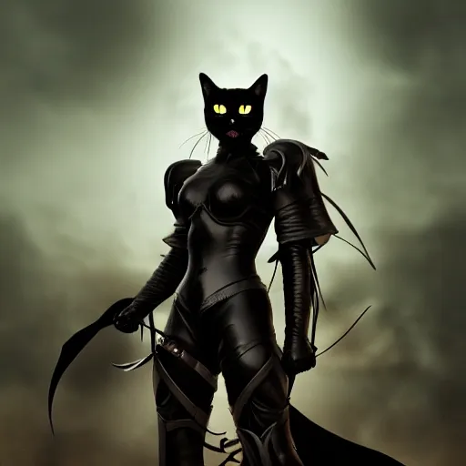 Image similar to Black Cat in armor fighting a demon cinematic lighting, fine detail, trending on artstation, ultra crisp, high contrast, ominous, threatening, haunting, forbidding, gloomy, Long shot