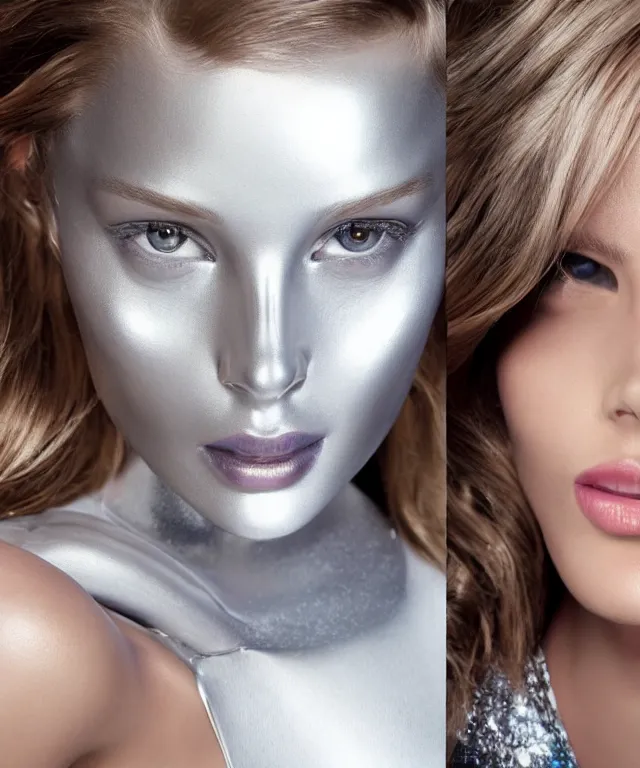 Image similar to realistic portrait of a silver robot is watching tv and tv displays a victoria's secret model in detail and the robot's face is partially moprhed into an exact copy of the model, realistic, 4 k