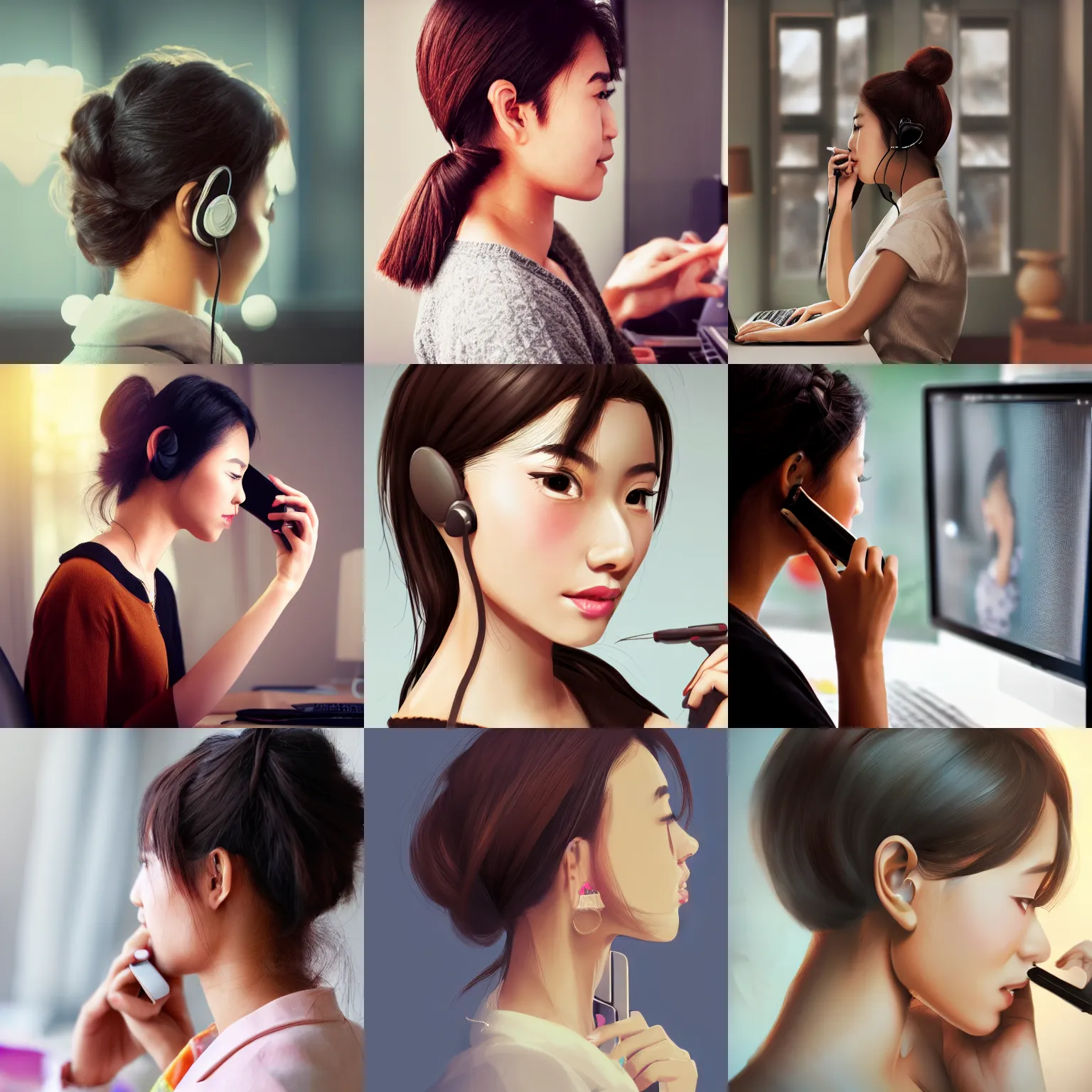 Prompt: brown updo asian girl on the phone to the computer, bokeh, side portrait, artstation