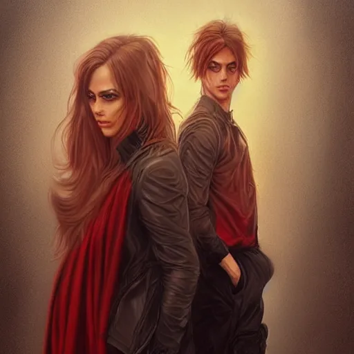 Image similar to adult pair of twins, male and female, arrogant and mischeivous, urban fantasy, half portrait, urban background, highly detailed, digital painting, artstation, concept art, sharp focus, smooth, art by artgerm and livia prima and magali villeneuve, elegant red black and gold clothing