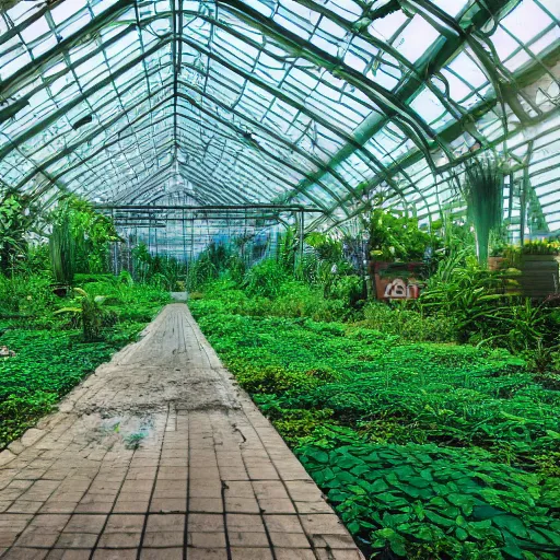 Prompt: an abandonned greenhouse lush with fluorescent vegetation, vaporwave, volumetric lighting, 8k