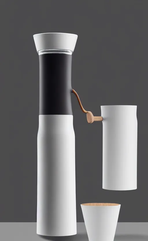 Image similar to a stylish handheld electric coffee grinder ; designed by marc newsom, zaha hadid, blonde, joseph and joseph, dieter rams ; natural materials ; industrial design ; behance ; le manoosh ; pinterest ; if design award ; reddot design award