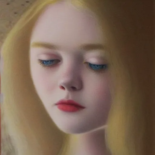Prompt: Painting of Elle Fanning dreaming, long blonde hair, delicate, pale milky white porcelain skin, by Quint Buchholz. 8K. Extremely detailed.