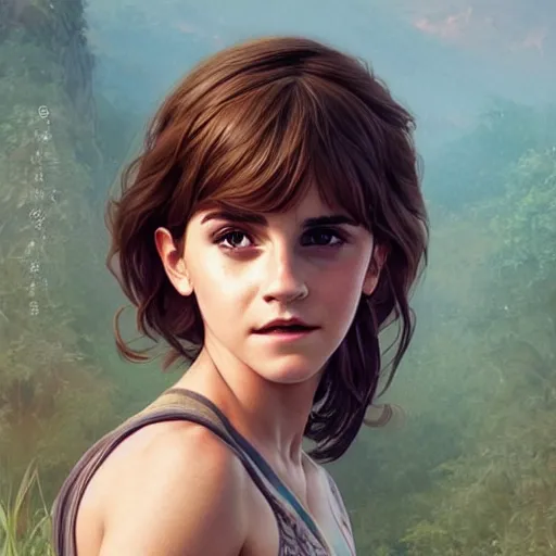 Image similar to ultra realistic illustration, emma watson as dora the explorer anime, intricate, elegant, highly detailed, digital painting, artstation, concept art, smooth, sharp focus, illustration, art by artgerm and greg rutkowski and alphonse mucha and wlop