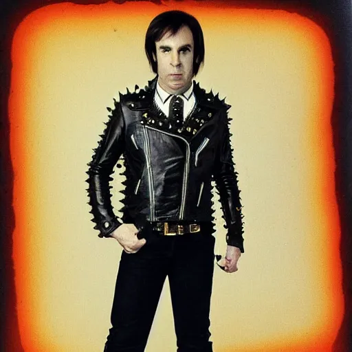 Prompt: Saul Goodman as a punk rock musician in 1977, short spiky hair, safety pins, leather jacket