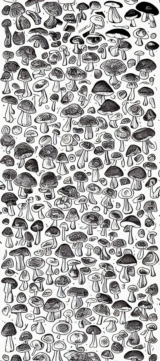 Prompt: full page grid diagram of different mushroom, lithographics, color, white paper, labeled diagram, illustration, detailed, intricate, vector, vector aesthetics, light watercolor aesthetic