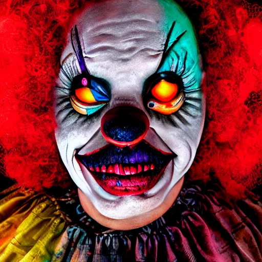 Image similar to Clown turning into a cosmic horror, Gothic Art, color, award-winning art, horror, scary, eerie, ominous, unnerving, 8k