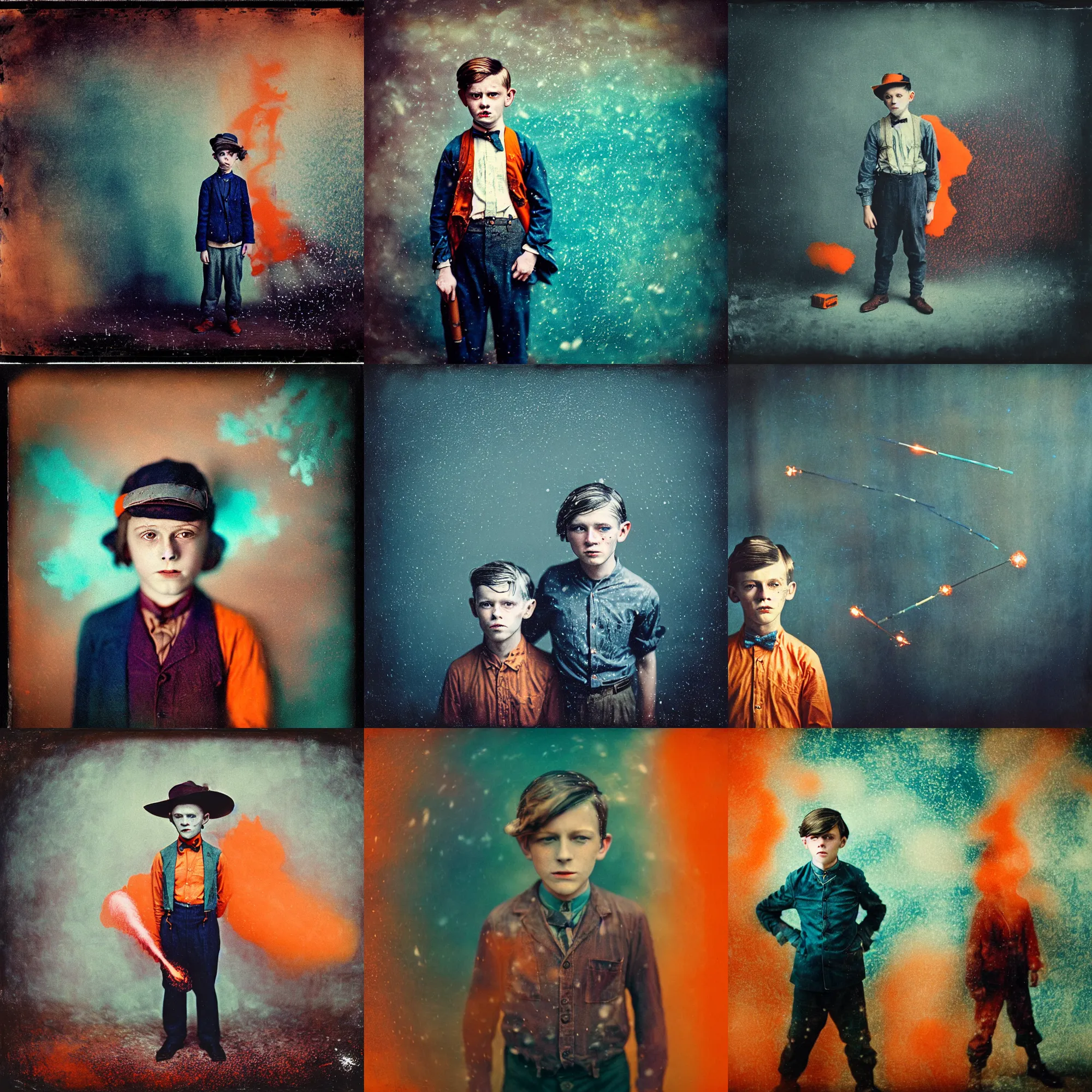 Prompt: kodak portra 4 0 0, wetplate, muted colours, blueberry and orange and teal, handsome 8 year old 1 9 2 0 s boy, the walking dead, 1 9 1 0 s style, motion blur, portrait photo of a backdrop, explosions, rockets, bombs, sparkling, snow, fog, by georges melies and by britt marling