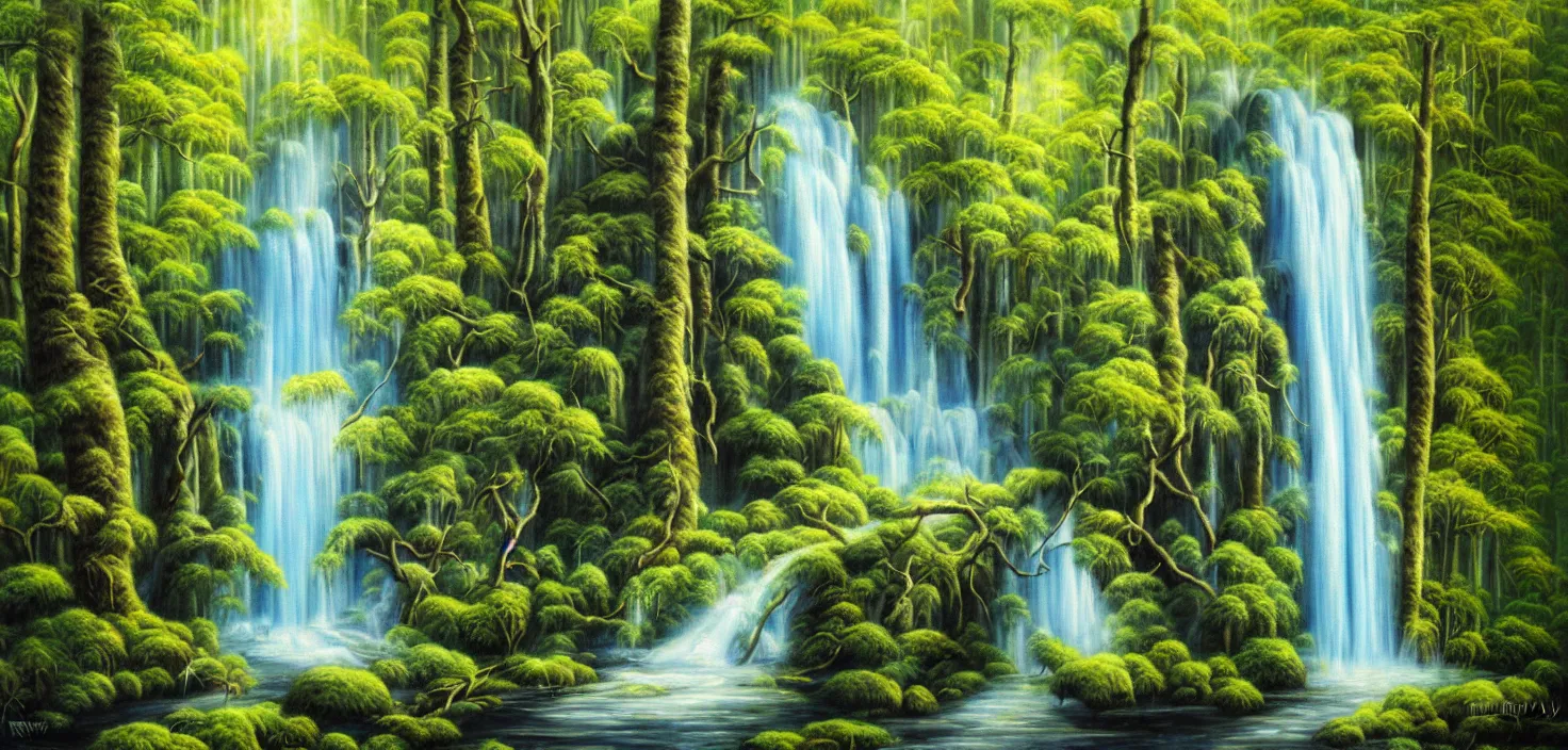 Image similar to a painting of a waterfall in a forest, an airbrush painting by terry redlin, deviantart, metaphysical painting, airbrush art, detailed painting, oil on canvas