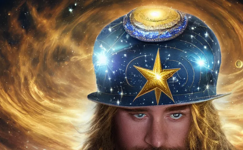 Image similar to wizard with the universe as a pattern on his hat, hd, highly detailed, intricate