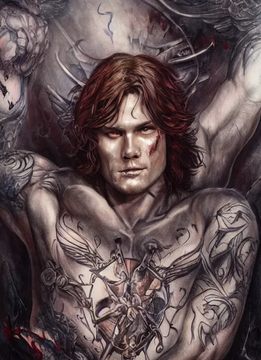 Image similar to Sam Winchester as a muscular angel with religious tattoos on chest and neck, stained and bleeding, magic overlays, urban fantasy book cover style, D&D dark fantasy style, sharp focus, ultra detailed, art by Artgerm and Peter Andrew Jones, Ayami Kojima, Amano and Olivier Ledroit