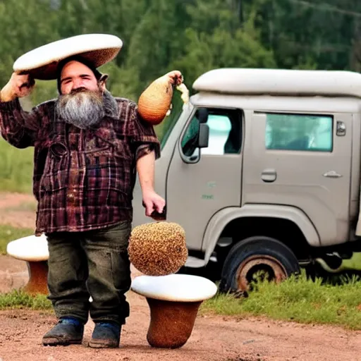 Prompt: dwarf trucker carries mushrooms on a Kamaz truck