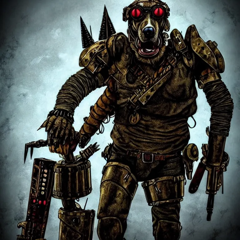 Image similar to a good ol'hound dog fursona ( from the furry fandom ), heavily armed and armored facing down armageddon in a dark and gritty version from the makers of mad max : fury road. witness me.