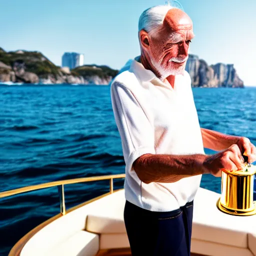 Image similar to old man polishing a gold plated mega yacht, clear and focused, elegant, photograph