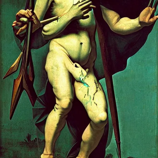 Image similar to low poly painting by caravaggio of a drowned zombie holding a trident with glowing cyan eyes, wearing ragged clothing, holding a trident, underwater, pastel green and blue color palette, low poly