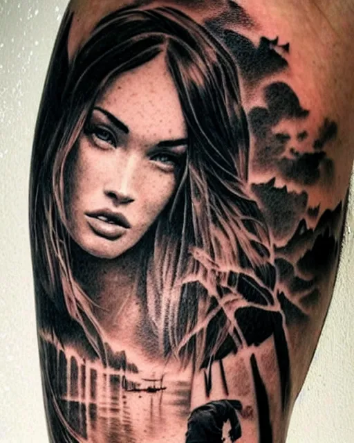 Image similar to creative double exposure effect tattoo design sketch of megan fox faded in beautiful mountain scenery, realism tattoo, in the style of matteo pasqualin, amazing detail, sharp