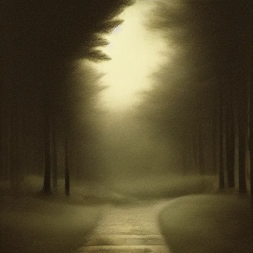 Image similar to matte painting of a tabby cat walking on a path in a dark moonlit Maine forest, serene, highly detailed, by caravaggio and alan lee, trending on artstation, 4k